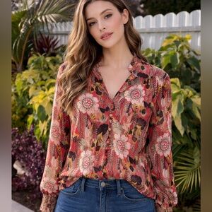 Floral 100% V-Neck Long Sleeve Blouse in Rust Pink